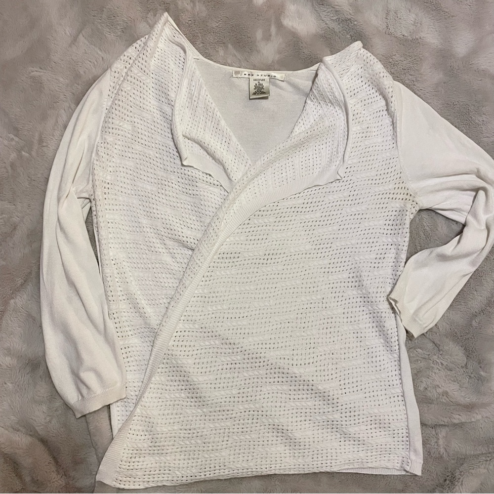 Max Studio White Open-Weave Draped Cardigan